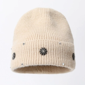 Knit Beanie Hat Thickened Warm Ear Protection With Rhinestone Flower Decoration Winter Elegant For Women