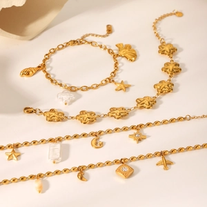 Chic gold stainless steel bracelet set with star moon charms and pearl flower accents