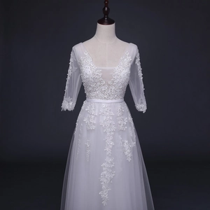 Evening Dress V-Neck Lace Mesh Embroidery Beaded Sequin A-Line Floor Length Half Sleeve Wedding Party Gown Women