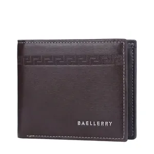 Men's bifold wallet in dark brown leather with embossed pattern and white stitching