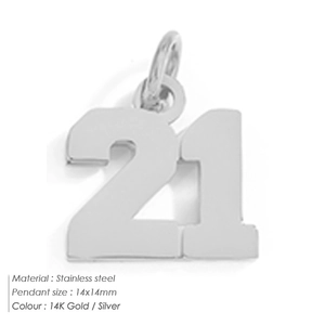 Macro view of number 21 stainless steel pendant 14x14mm in silver and 14K gold