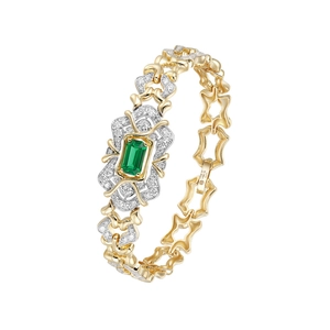 French vintage silver 925 bracelet with emerald green zircon and geometric links