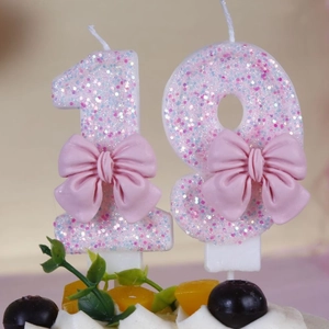 Pink Glitter Number Birthday Candles 0-9 With Bowknot Cake Topper Decoration For Kids Girl Party Paraffin Wax Sparkly