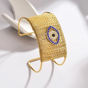 18K gold-plated Evil Eye woven cuff bracelet with a creative open C-shape design