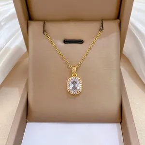 Square Cubic Zirconia Pendant Necklace For Women Stainless Steel Chain Copper Micro Pave Elegant Gold Plated Jewelry