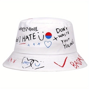 Dual-sided reversible sun hat with trendy street graffiti prints and wide brim coverage