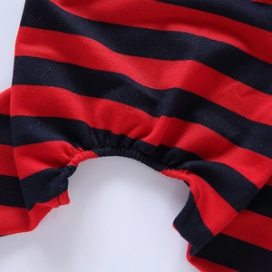 Detail of red and black striped pet pajamas showing the elastic cuff and fine stitching