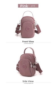 Three-layer pink nylon crossbody phone bag with adjustable strap and top handle view