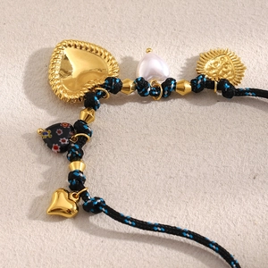 18K gold plated woven rope heart pendant necklace with sun charms and white pearl heart