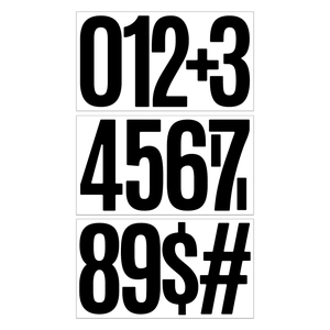 Detail view of large 6-inch waterproof black vinyl number stickers with extra symbols
