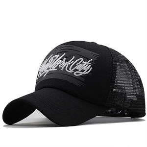 Black New York City embroidered trucker hat with breathable mesh back and curved brim