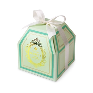 Elegant mint green hexagonal gift box with white ribbon and gold foil printing