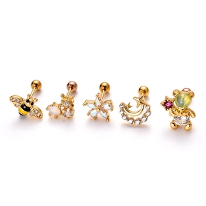 5-piece gold surgical steel stud set featuring bee, flower, moon and colorful zircon stones