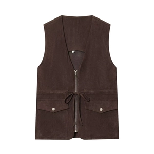 Gilet femme en faux daim marron foncé avec col en V, poches et taille à cordon