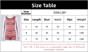 Size chart detail for backless striped jumpsuit with S M L measurements in centimeters