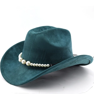 Western Cowboy Hat Retro Suede Wide Brim Artificial Pearl Beaded Decor Fashion Outdoor Jazz Cap For Women And Men