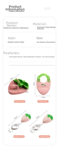 Detailed size chart for strawberry silicone baby feeding set with bib and suction plate