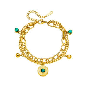 Double-layer gold stainless steel bracelet with turquoise stone and round ball pendant