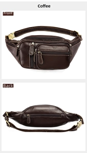 Macro view of coffee brown genuine leather waist bag showing front and back zip pockets