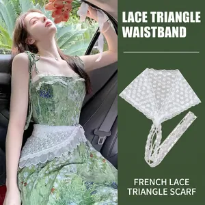 White Lace Triangle Scarf French Vintage Floral Embroidery Headscarf Hair Band Waist Belt For Women Retro Accessory