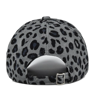 Back view of leopard print corduroy baseball cap with adjustable silver metal buckle