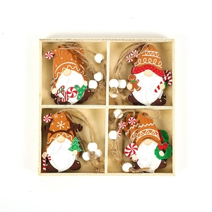 Set of 4 Christmas wooden gnome ornaments with Joy sign and gingerbread in a gift box