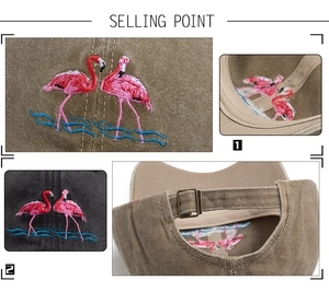 Detail of flamingo embroidery and adjustable metal buckle on vintage washed cotton baseball cap