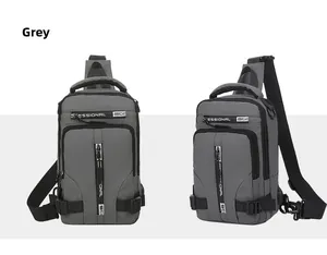 Detail view of the multi-compartment grey chest bag with professional nylon texture