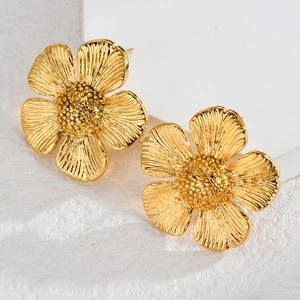 Vintage 18K gold plated stainless steel floral stud earrings with textured petals