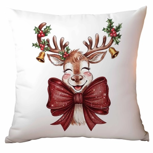 Detail of Christmas reindeer illustration with red bow and gold bells on white pillowcase