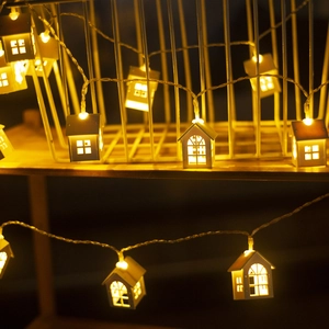 LED wooden house string lights with warm glow for Christmas bedroom decoration