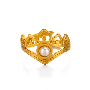 French vintage gold crown ring with pearl inlay and adjustable stainless steel band