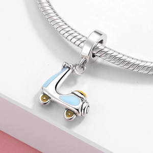 S925 sterling silver light blue scooter charm with yellow enamel for DIY bracelets