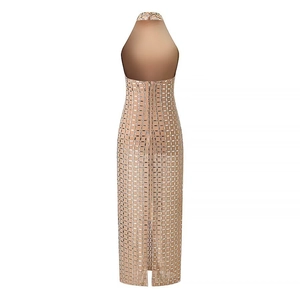 Sexy rückenfreies Halter-Maxikleid in Champagner mit Pailletten und Gehschlitz