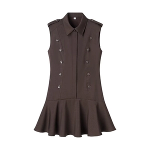 Deep brown sleeveless lapel mini dress with double-breasted buttons and ruffled hem