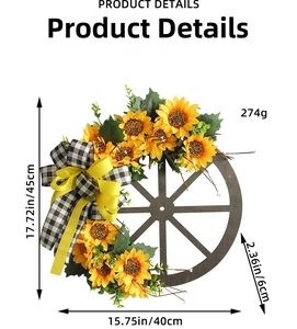 Detailed size specifications for sunflower wreath door decor with rustic wooden wheel base
