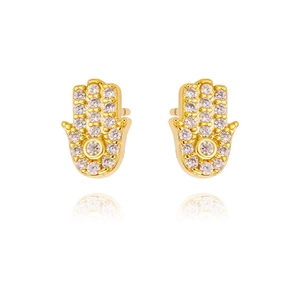 Gold Hamsa Hand stud earrings with white zircon accents on a clean white background