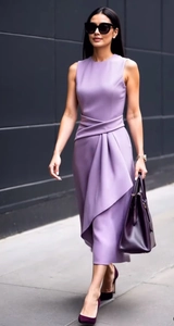 Detail of lavender sleeveless midi dress featuring waist pleats and elegant draped fabric