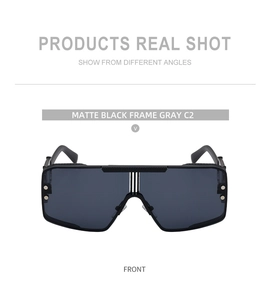 Front view of matte black cyberpunk sunglasses with grey lenses and sporty frame