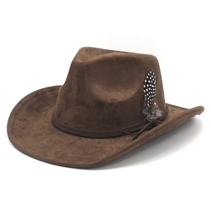 Deep brown faux suede western cowboy hat with a stylish spotted feather decoration