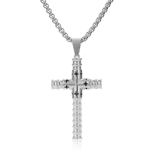 Collier avec pendentif croix cylindrique en acier inoxydable argenté et reflet miroir