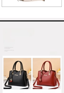 Close-up showing black and red PU leather handbags with cherry charms and brand logo detail