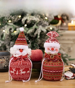 Knitted Christmas drawstring gift bags featuring Santa and Snowman with elk patterns