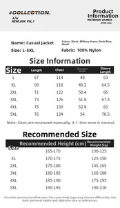 Detailed size chart for men's flight jacket showing dimensions and material specifications
