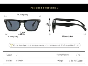 Detailed size chart for retro rivet sunglasses with frame and lens measurements
