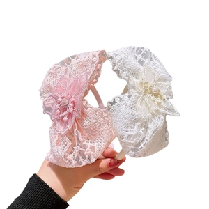 Sweet girls crown headband with lace bow and pearl tassels in pink and white