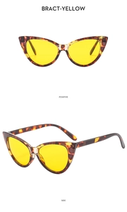 Cat-eye sunglasses with tortoiseshell frames and yellow lenses shown from front and side angles