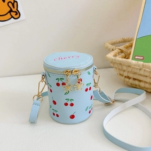 Light blue cherry print cylinder bucket bag for girls with flower zipper charms