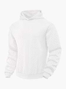 Detaillierte Nahaufnahme des weißen Jacquard-Gewebes bei diesem Herren-Hoodie