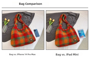 Detailed comparison showing the spacious plaid tote bag fitting an iPad and smartphone